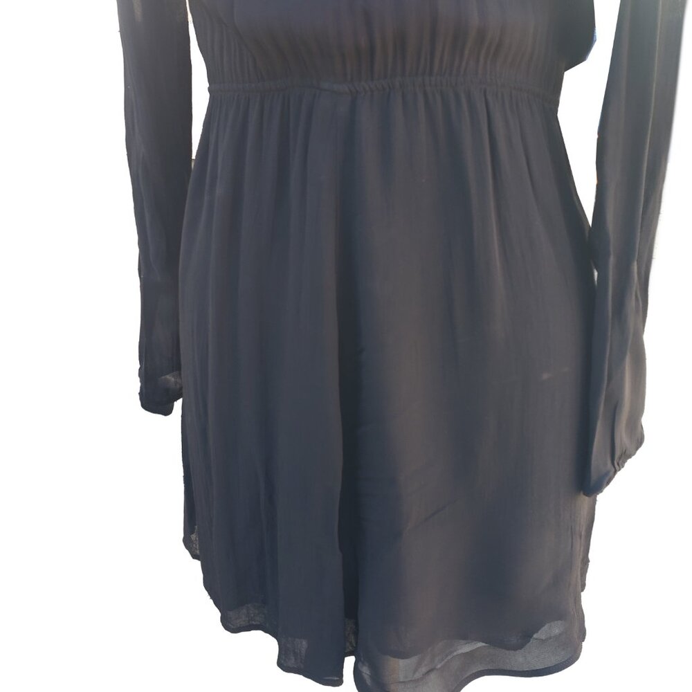 Reformation Dress Black Chiffon Collar Long Sleeve Mini Elastic Waist XSmall - Picture 3 of 9